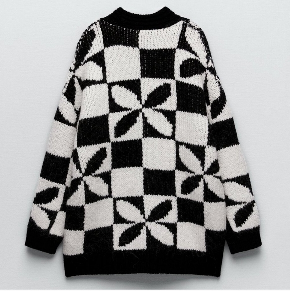 NWT* Zara Black White Checkered   Long Oversized Cardigan - Picture 13 of 16
